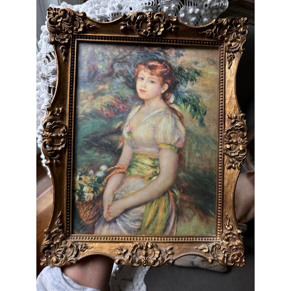 Vintage Pierre AugusteRenoir Young Girl With Basket Of Flowers Print gold frame - Picture 5 of 10